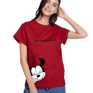 Bewakoof Official Disney Merchandise Minnie Women's Graphic Printed Boyfriend Fit Half Sleeve Round Neck Cotton Loose Fit T-Shirt_386575_Red_3XL
